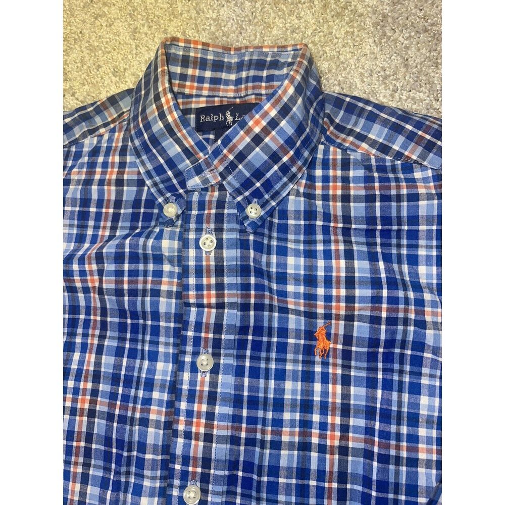 Ralph Lauren Boys‎ Button Down Plaid Blue Orange White Shirt Sz 4/4T